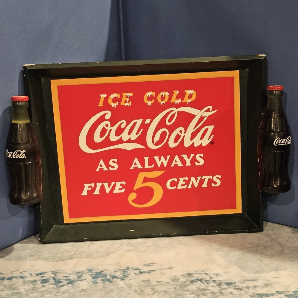Vintage Coca-Cola 3D Bottle Framed Wall Sign Ice Cold As Always Five 5 Cents